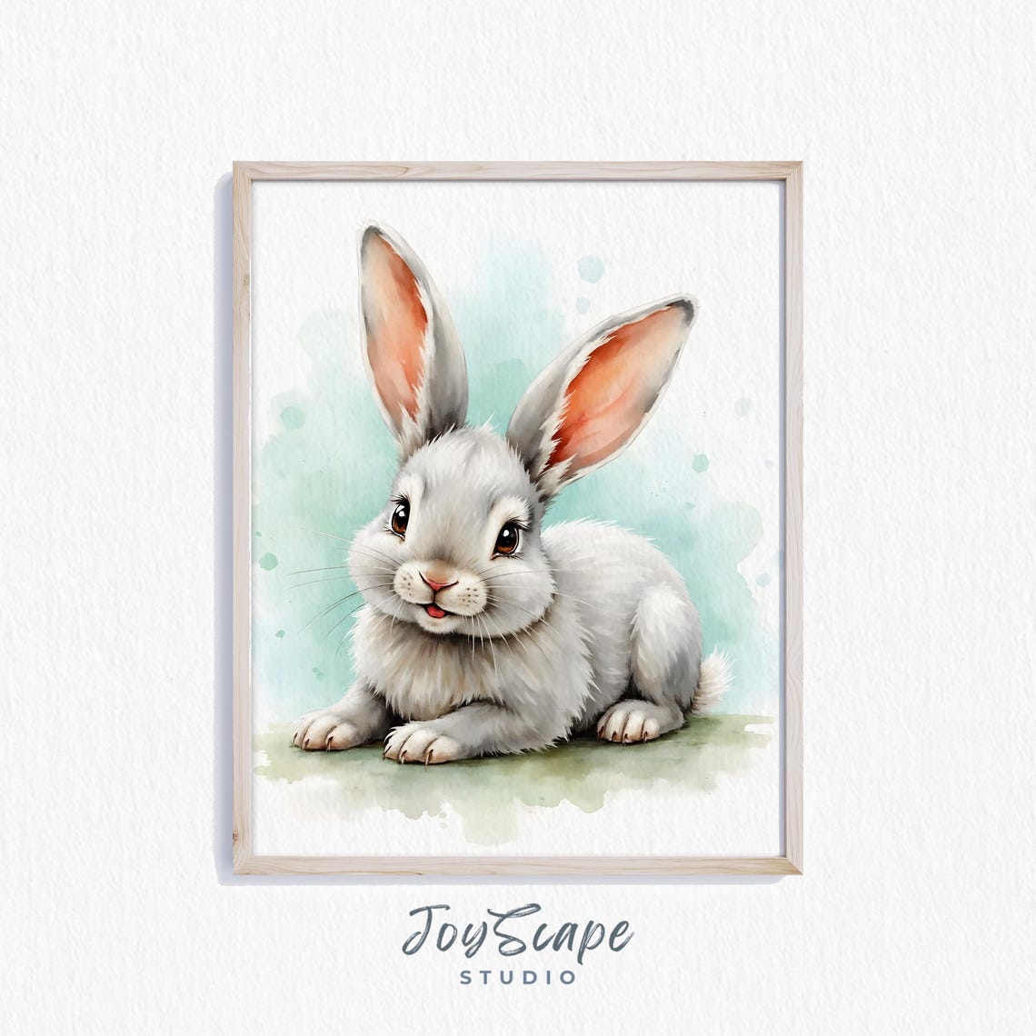 Sweet Gray Bunny Rabbit Watercolor Smiling Kids Nursery Wall Art
