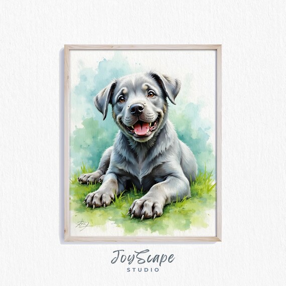 Smiling Cane Corso Puppy Watercolor Gray Dog Portrait Art Poster