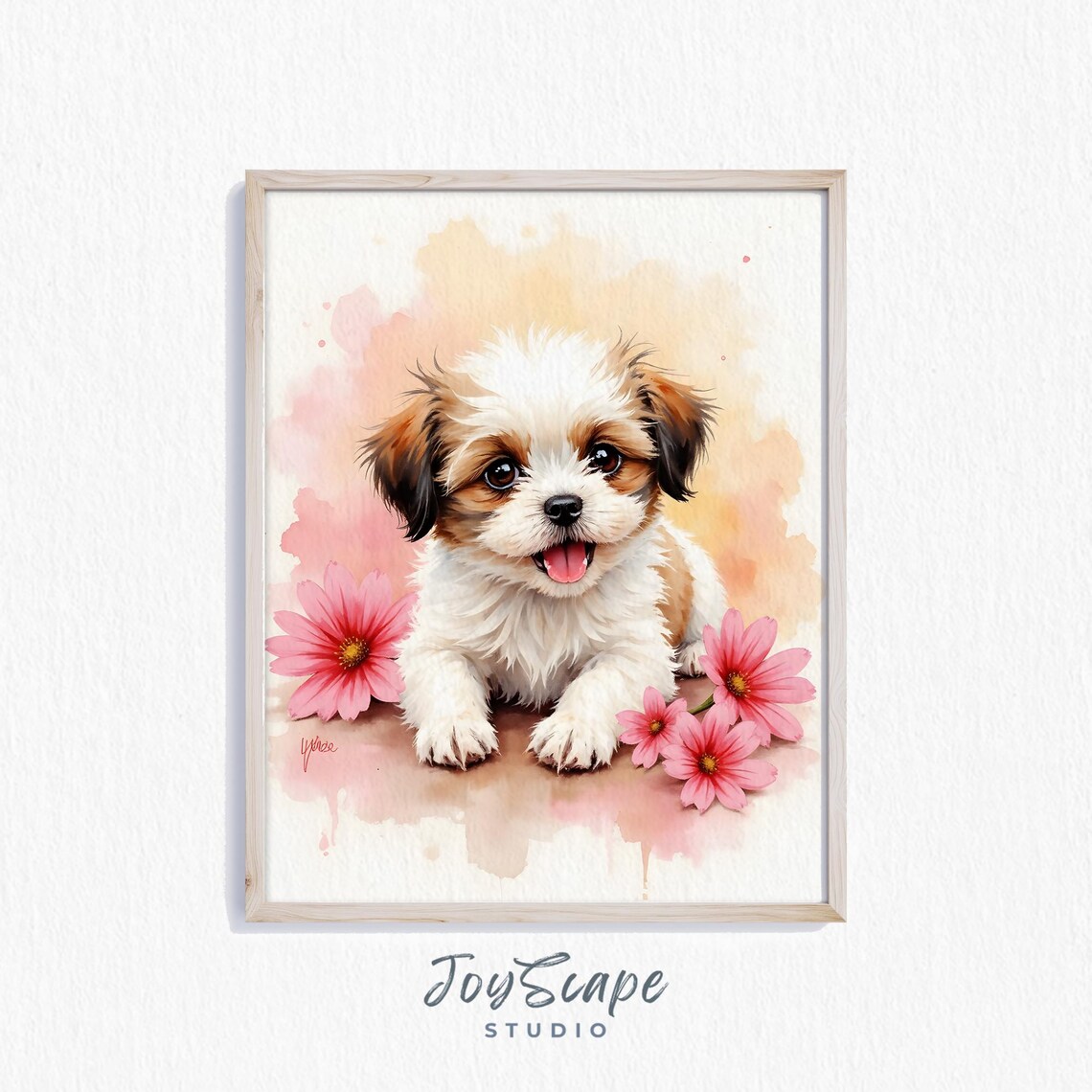 Cute Shih Tzu Puppy With Pink Flowers Art Print