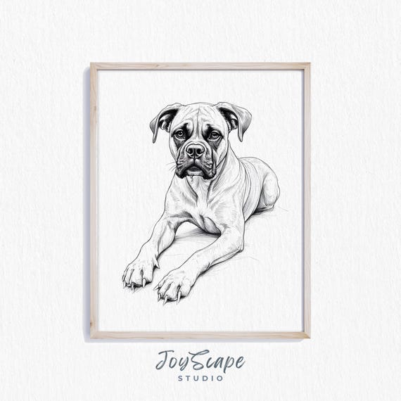 Boxer Dog Wall Art Vintage Line Drawing Rustic Animal Decor Black And White Sketch Nursery Print