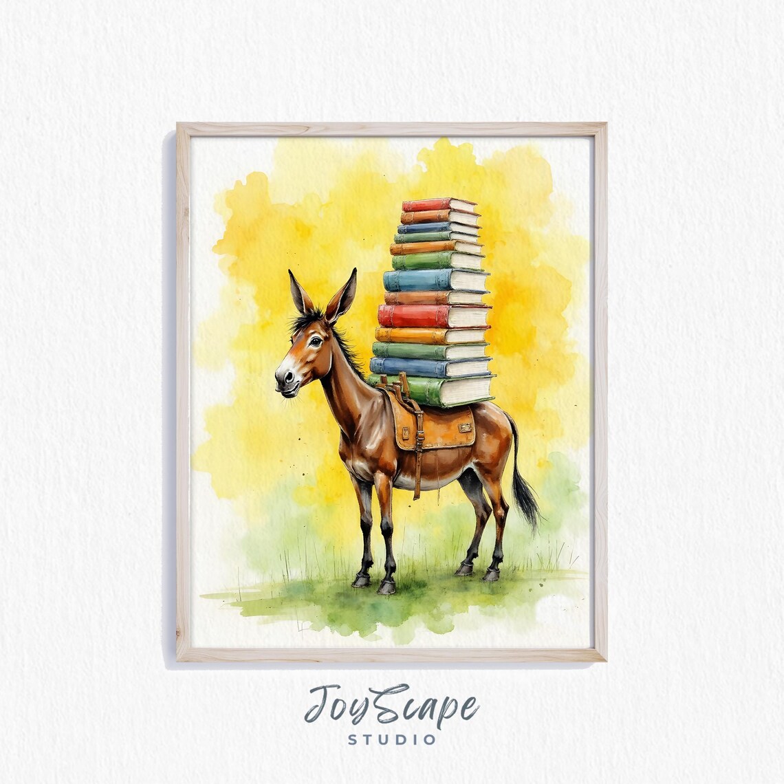 Whimsical Mule Carrying Tall Stack Of Colorful Books Watercolor Poster