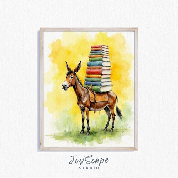Whimsical Mule Carrying Tall Stack Of Colorful Books Watercolor Poster