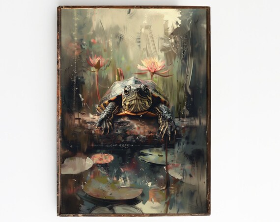 Painted Turtle On a Log In a Lily Pad Pond Watercolor Poster