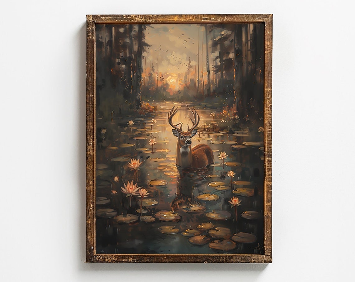Whitetail Buck Standing in a Water Lily Pond at Sunset Poster