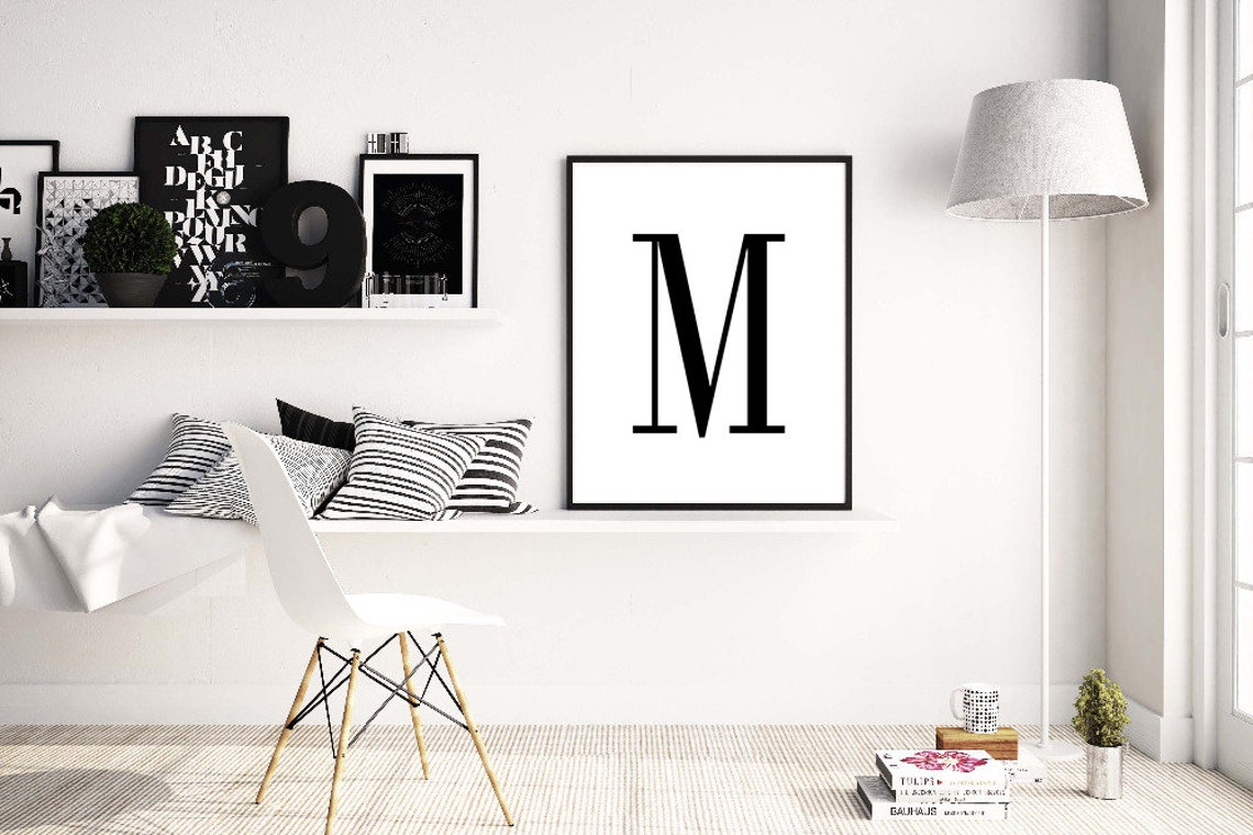 Letter M Minimalist Black White Monogram Scandinavian Wall Art - Image 2