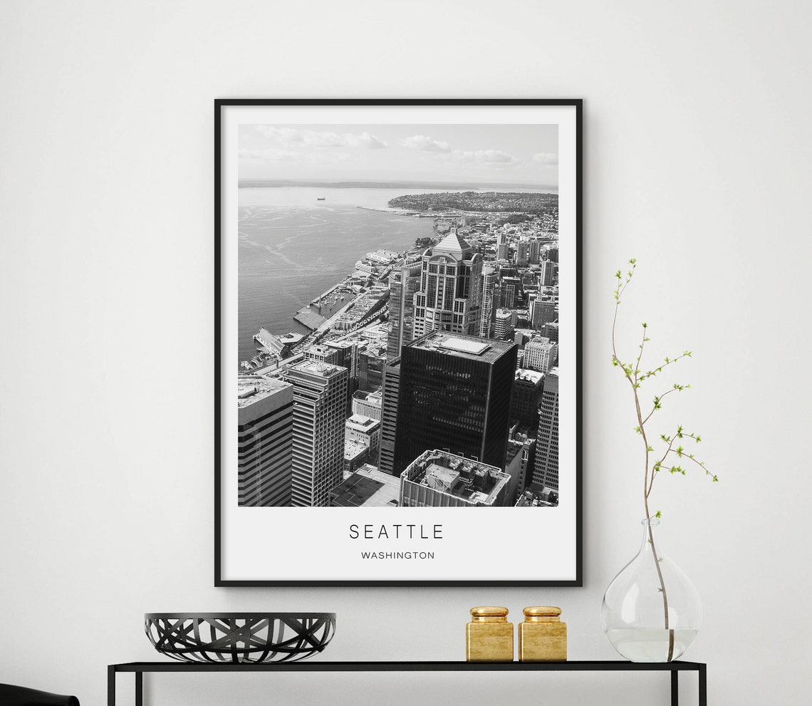 Seattle Washington Downtown Skyline Black White Aerial Travel Poster