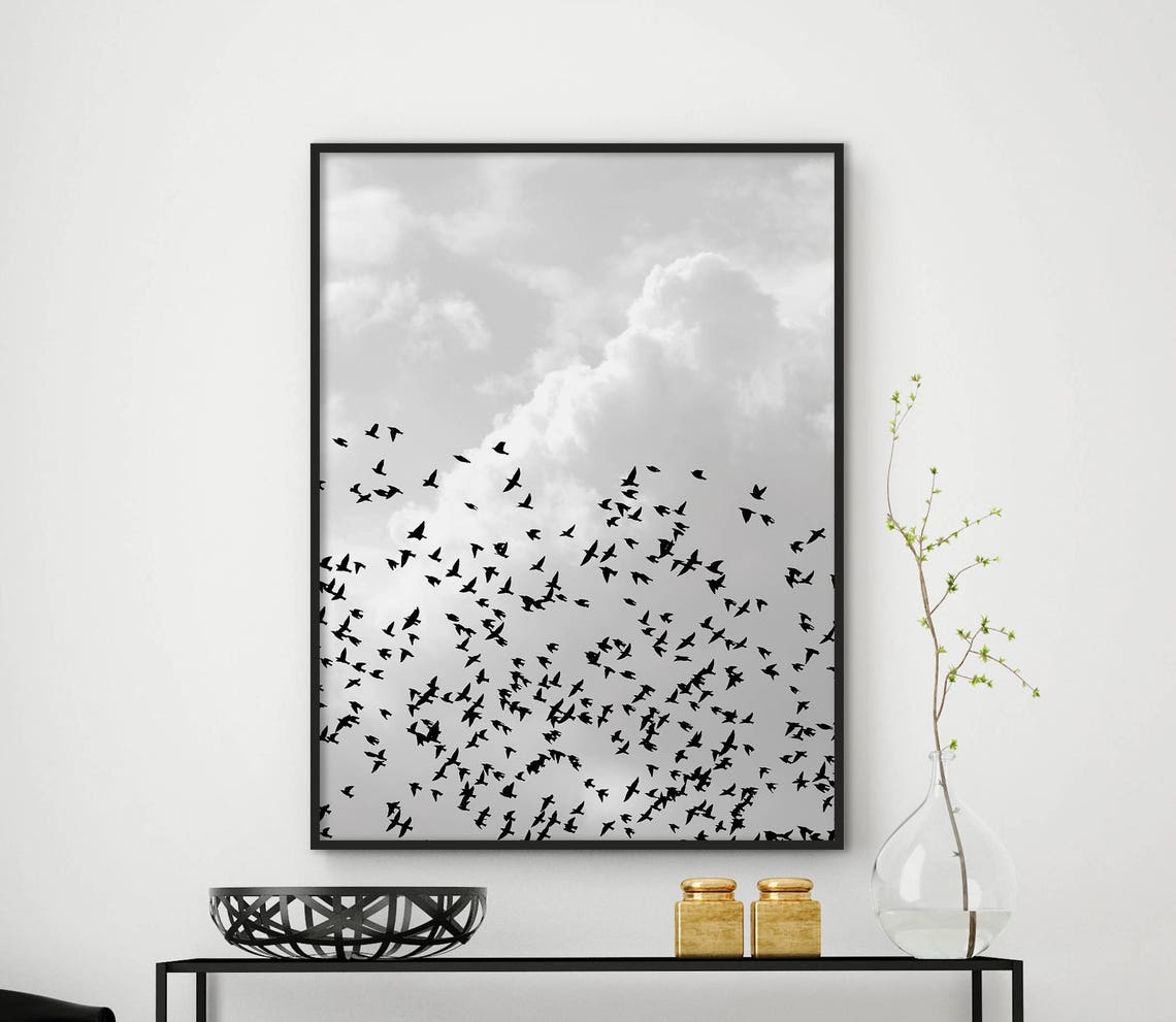 Flying Birds Flock Black And White Dramatic Cloudy Sky Nature Poster