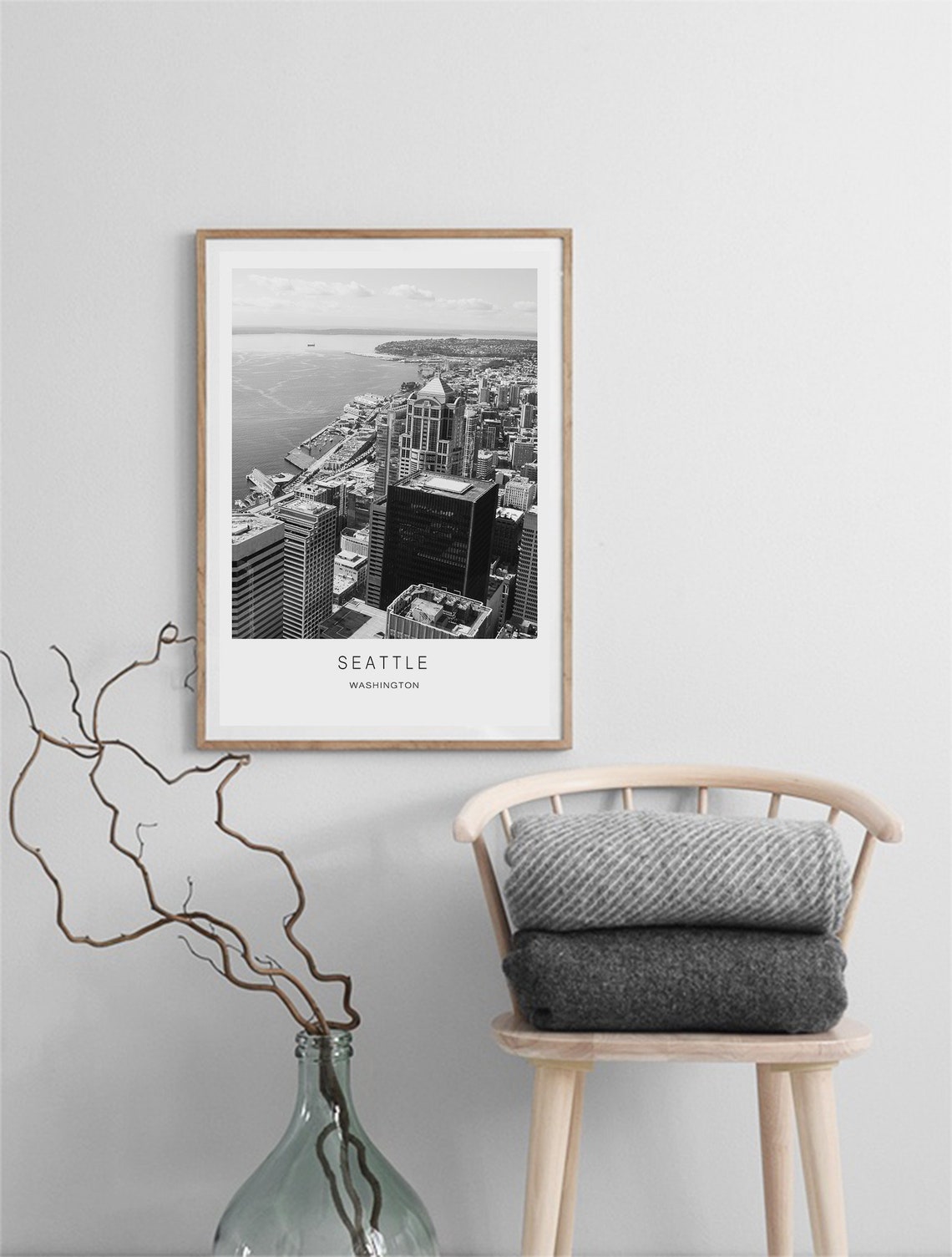 Seattle Washington Downtown Skyline Black White Aerial Travel Poster - Image 3