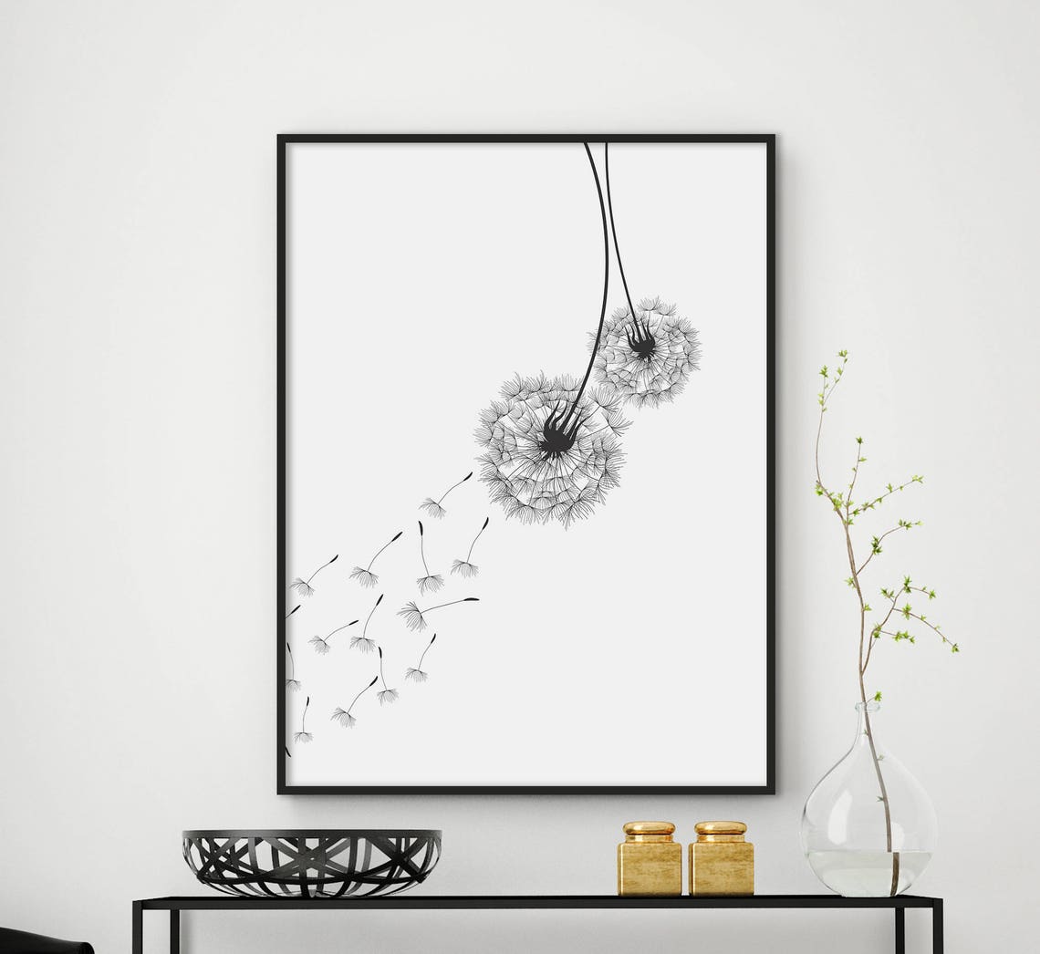 Dandelion Seed Heads Black and White Minimalist Botanical Poster