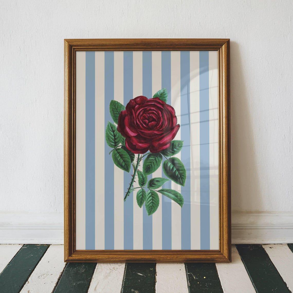 Vintage Red Rose Botanical Illustration Blue Stripe Floral Wall Poster