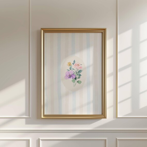 Stripped Blue Floral Illustration Print Abstract Vintage Style Painting Botanical Trendy Decor
