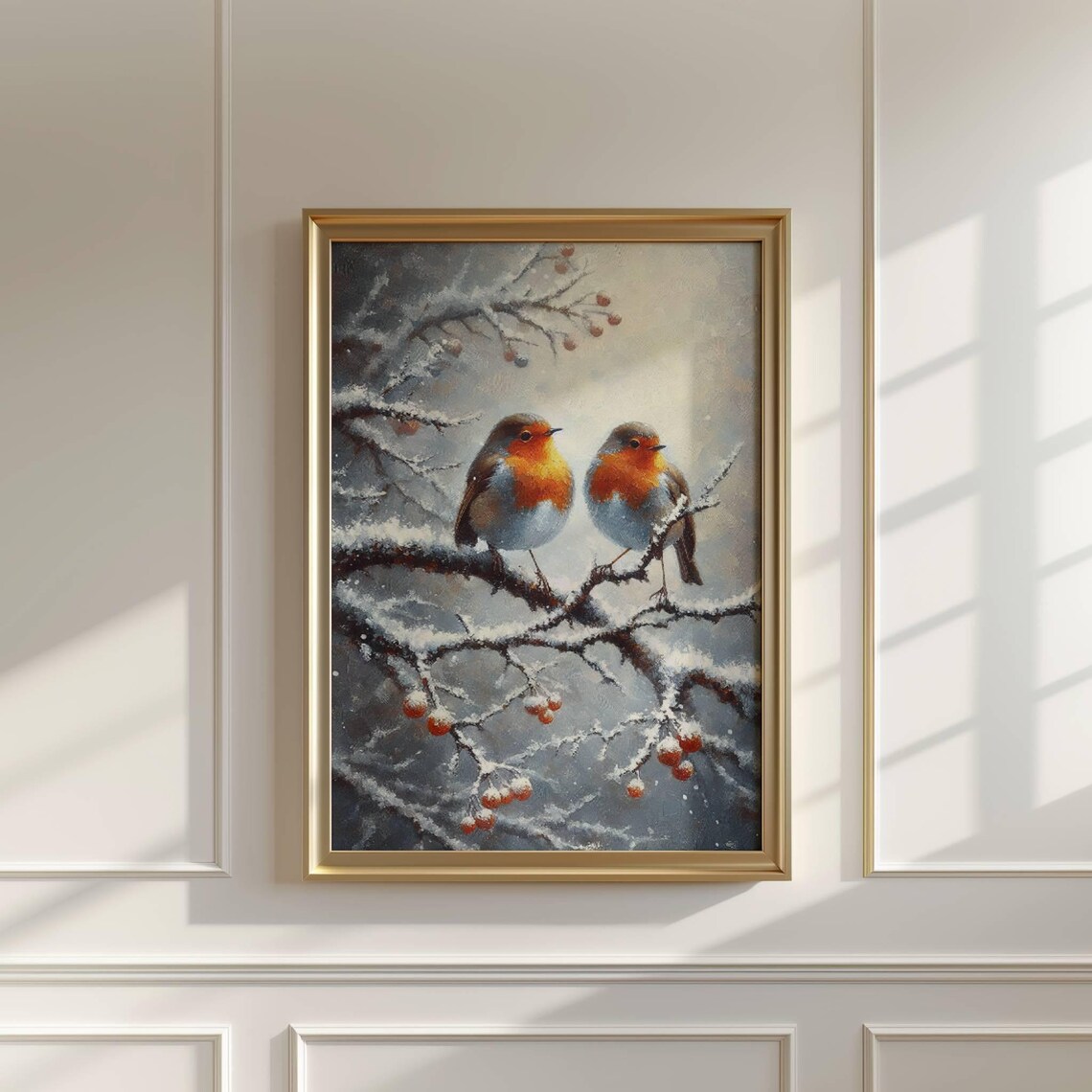 Two Robins On Snowy Branch Winter Christmas Bird Oil Painting Wall Art