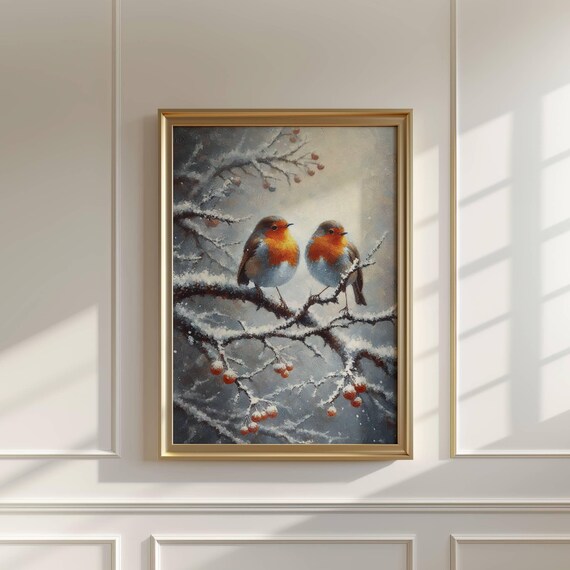 Two Robins On Snowy Branch Winter Christmas Bird Oil Painting Wall Art