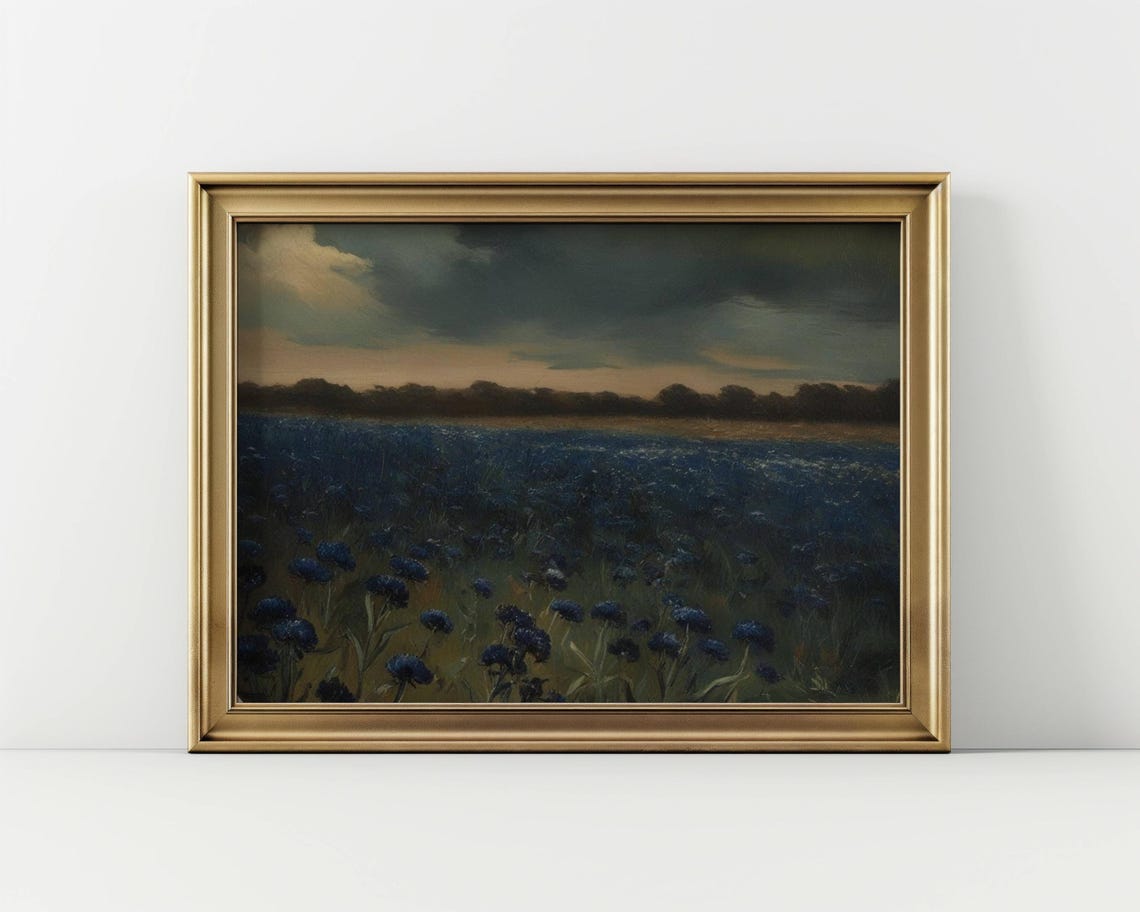 Twilight Blue Flower Field Painting Dark Stormy Sky Art Poster