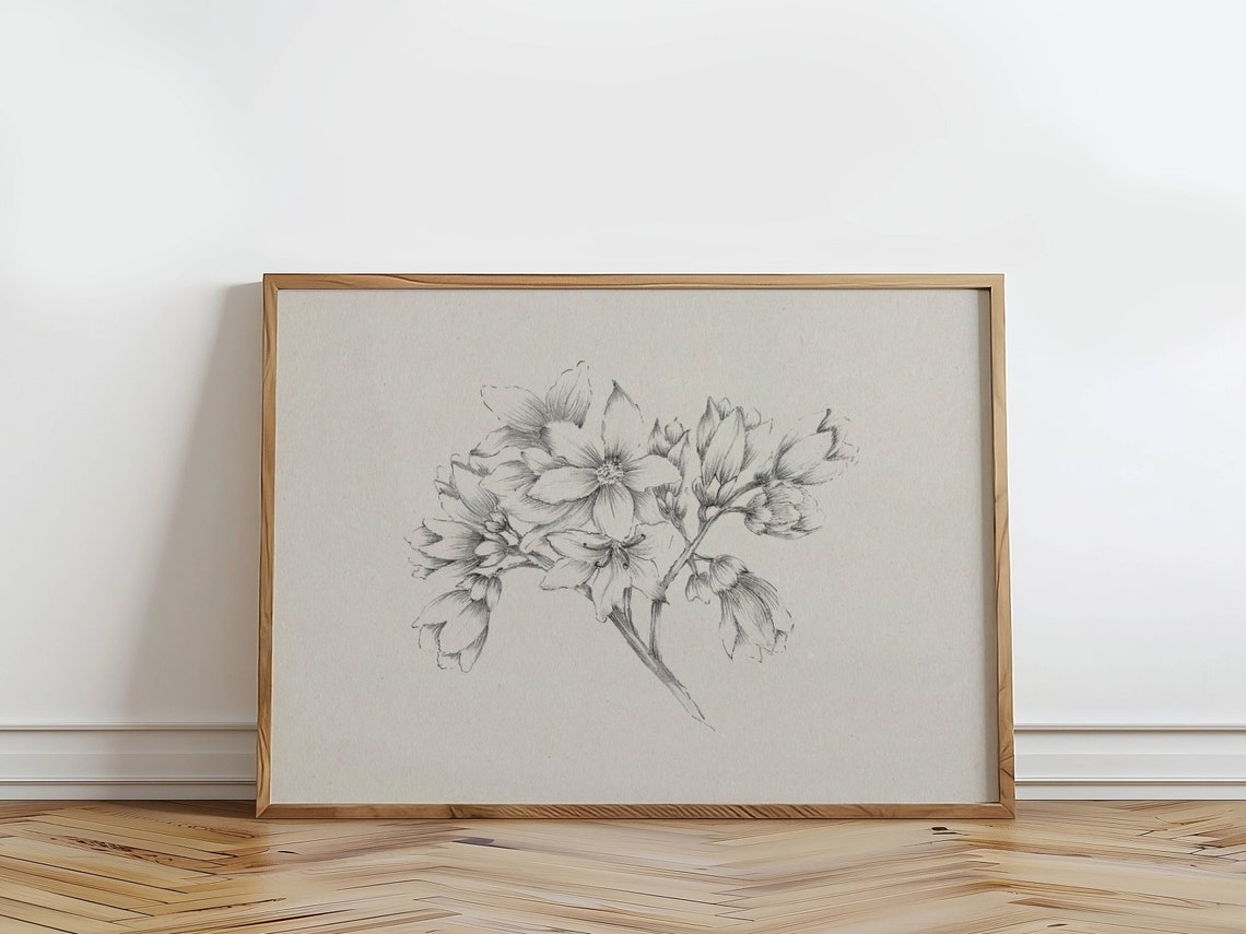 Vintage Floral Stem Sketch Black And White Botanical Art Poster