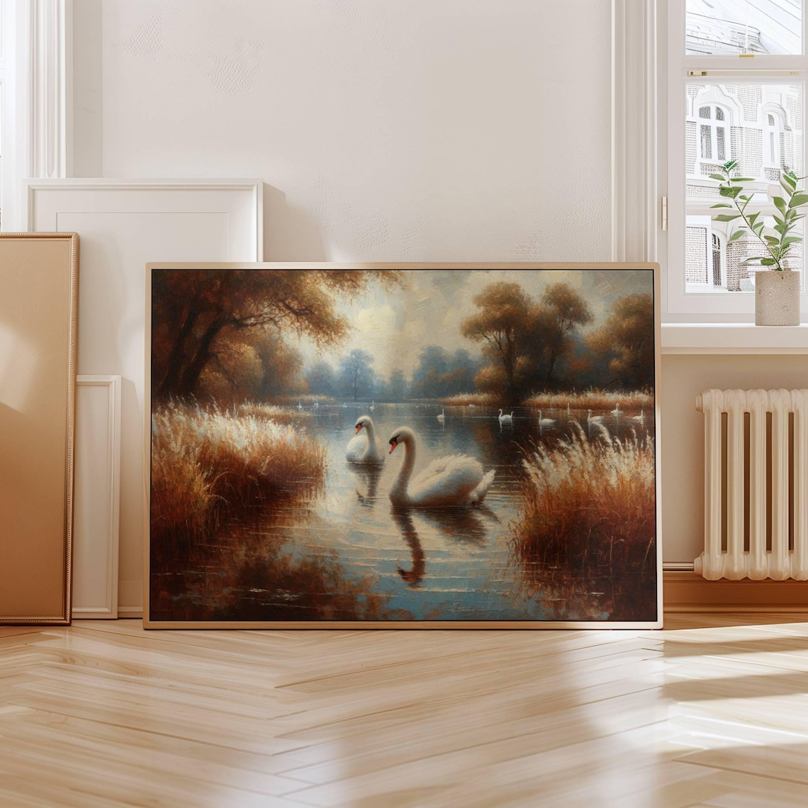 White Swans Autumn Lake Vintage Moody Nature Oil Painting Poster
