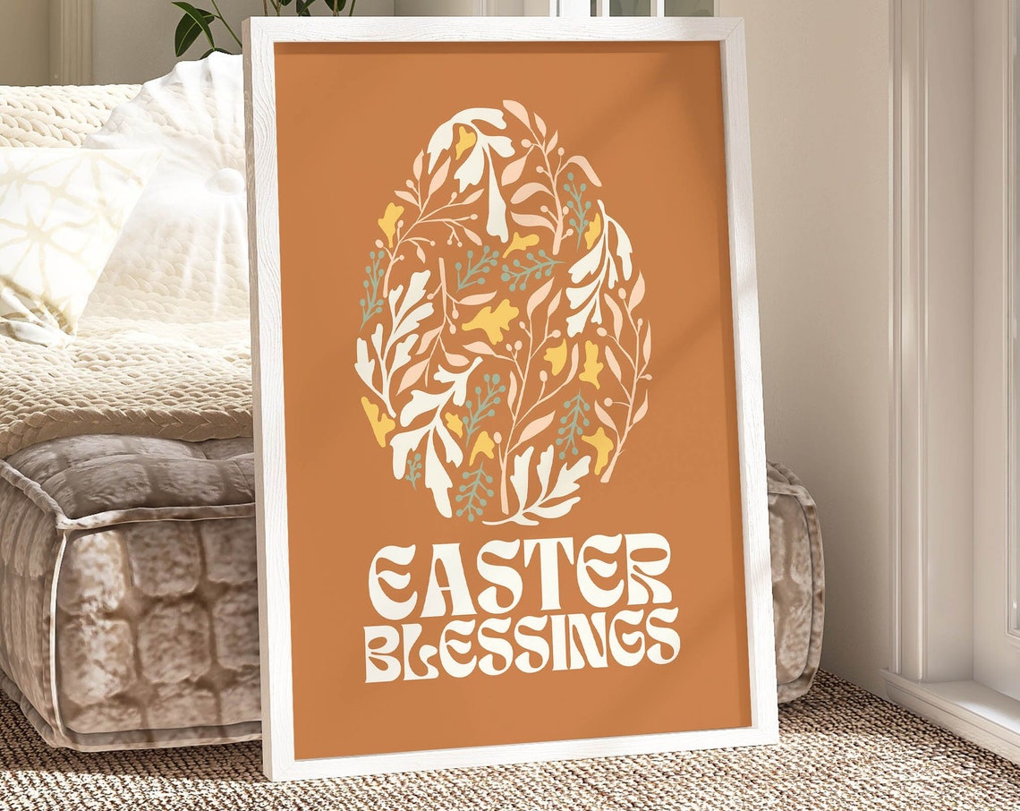 Easter Blessings Botanical Egg Terracotta Christian Art Poster