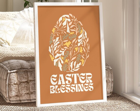 Easter Blessings Botanical Egg Terracotta Christian Art Poster