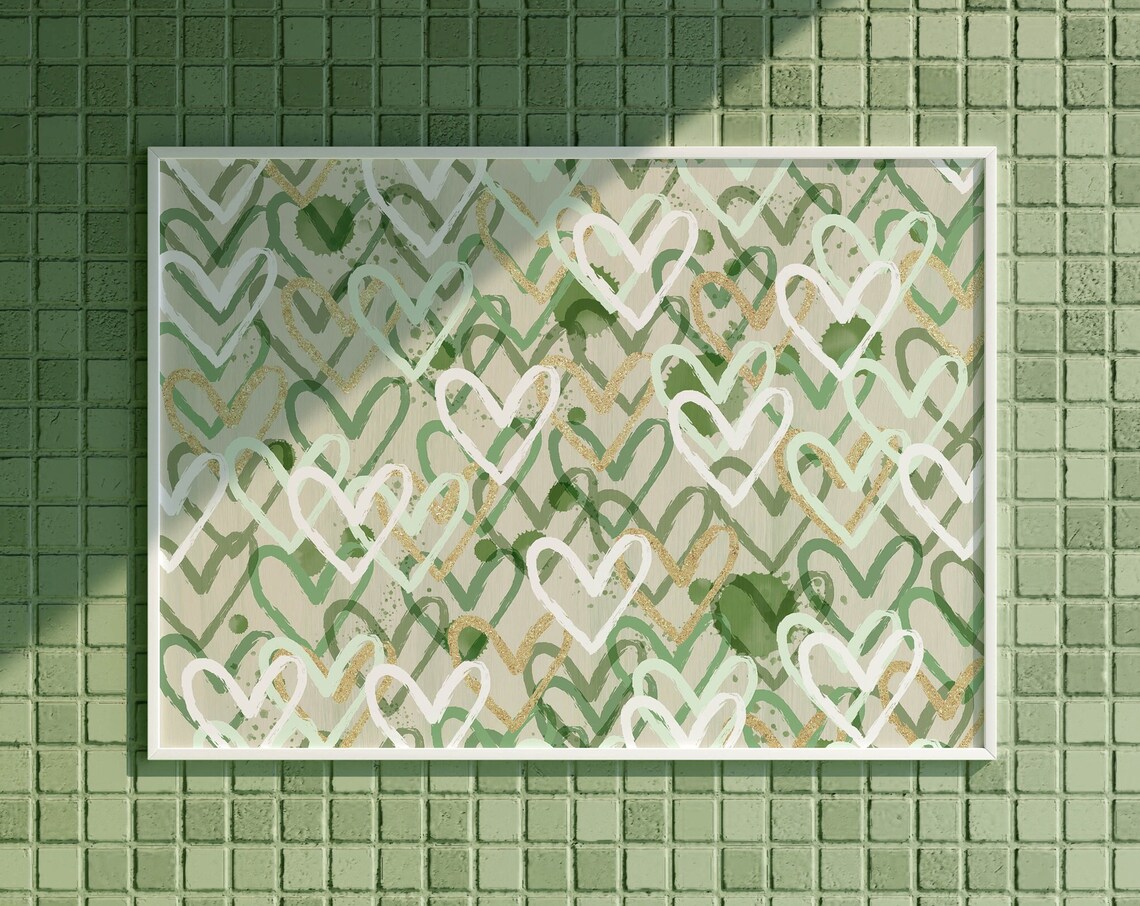Sage Green Watercolor Hearts Gold Pattern Preppy Wall Poster