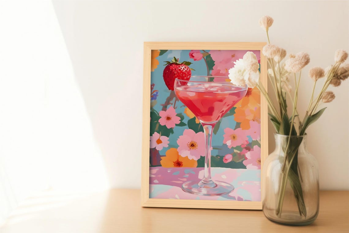 Strawberry Martini Cocktail Glass Bold Floral Summer Wall Art - Image 2