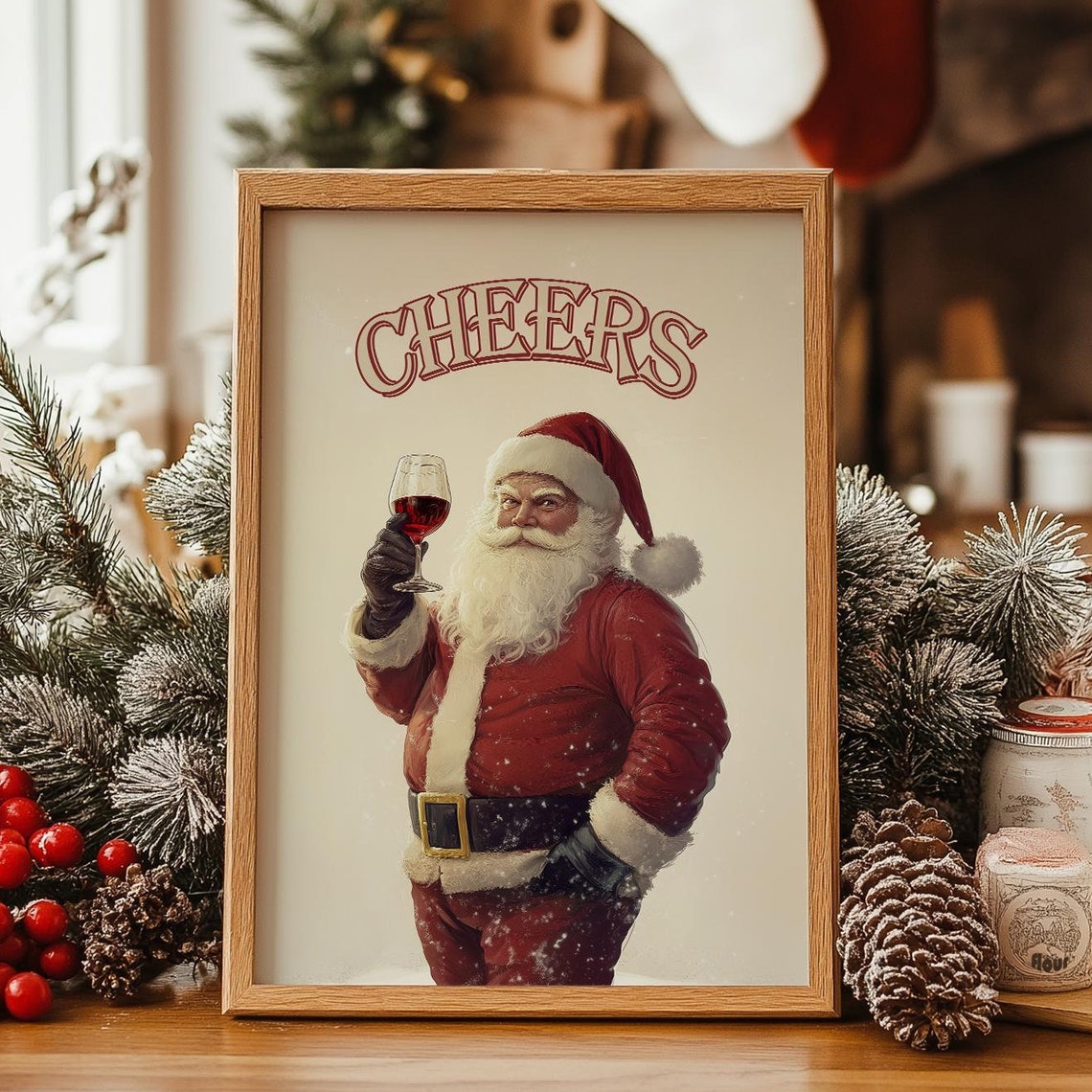 Cheers Santa Drinking Wine Vintage Christmas Kitchen Wall Poster