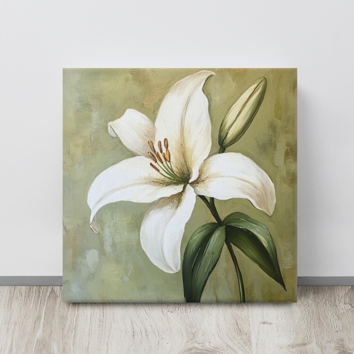 White Lily Open Bloom Green Background Botanical Floral Art Poster