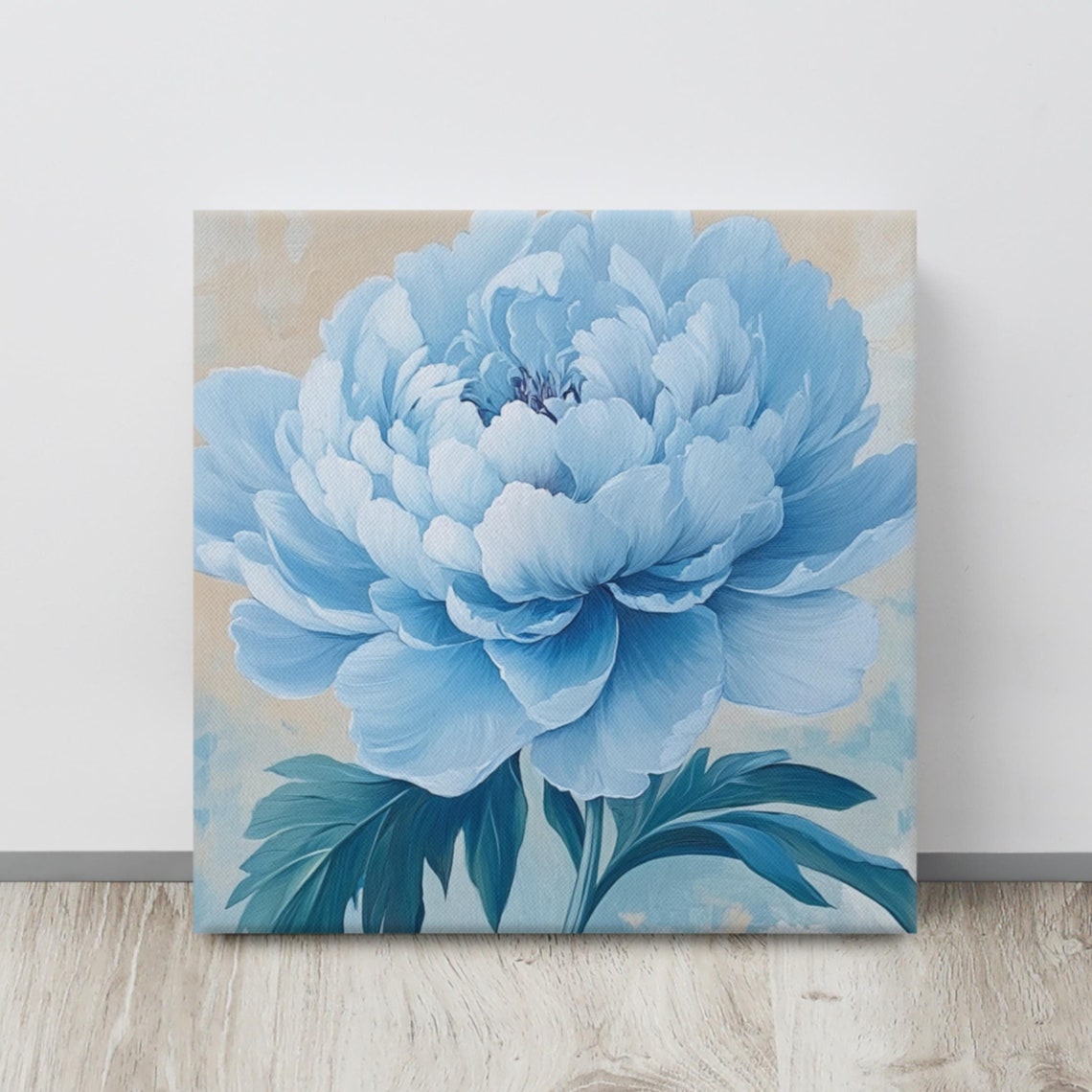 Light Blue Peony Teal Leaves Cream Blue Background Floral Poster