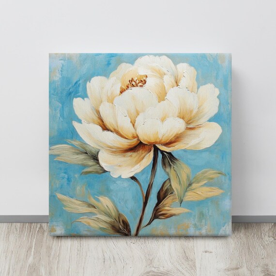 White Peony Turquoise Blue Background Bold Bloom Floral Art Poster
