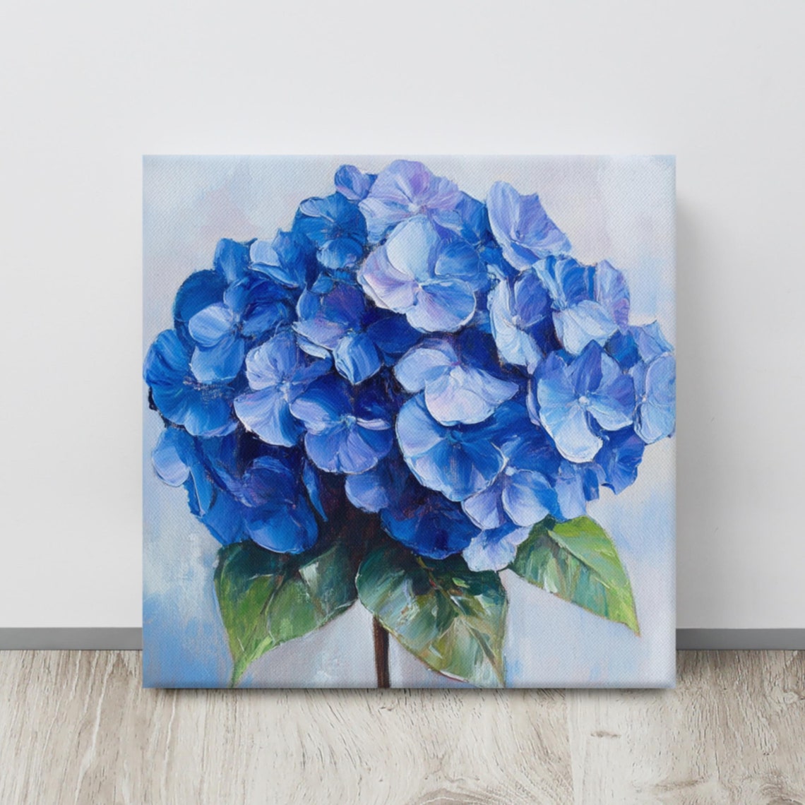 Blue Hydrangea Flower Head Green Leaves Painterly Floral Wall Art