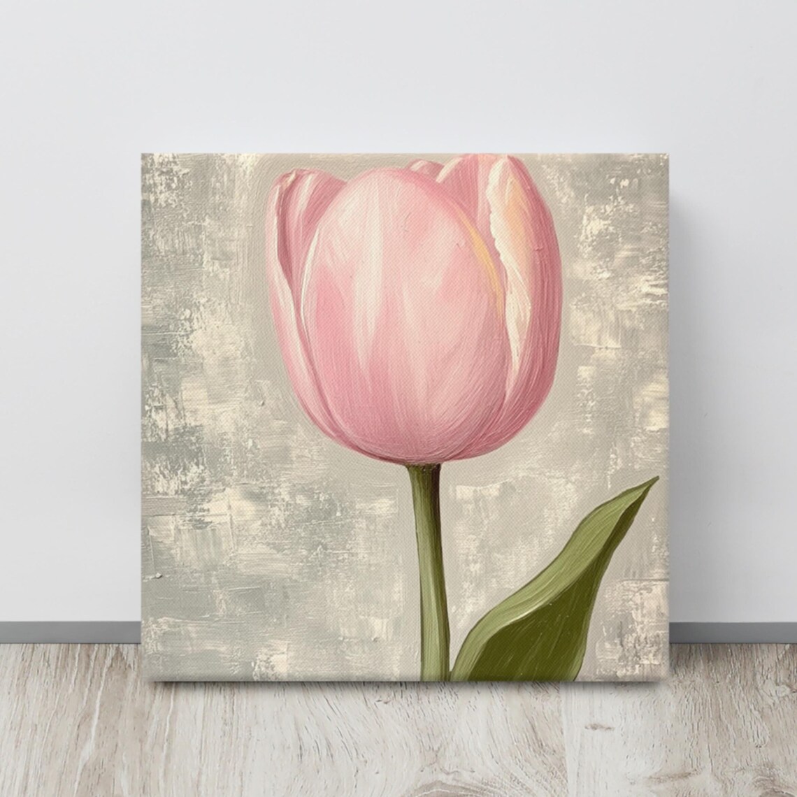 Blush Pink Tulip Tall Green Stem Textured Beige Modern Minimal Poster