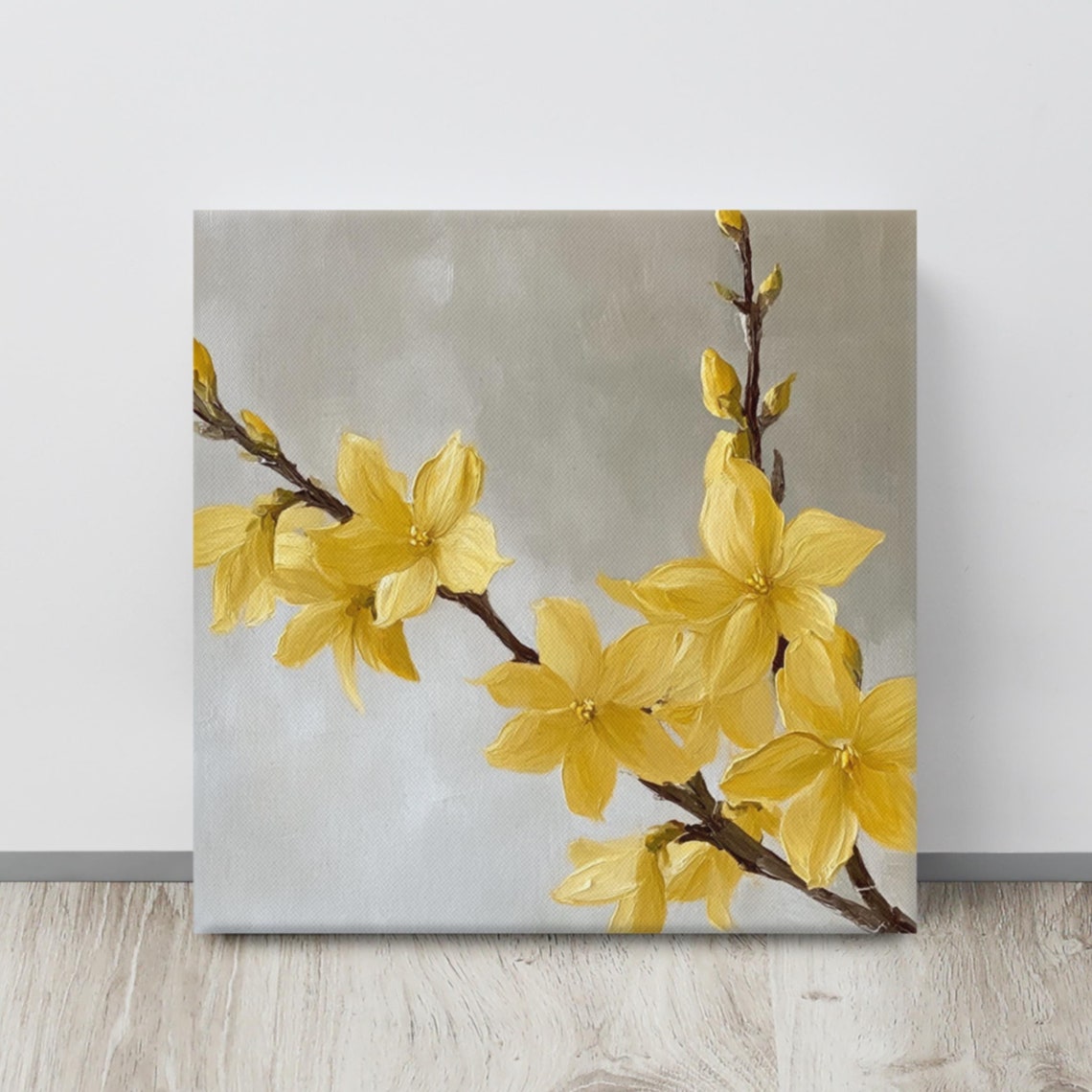 Yellow Forsythia Branches Blooming Gray Background Art Poster