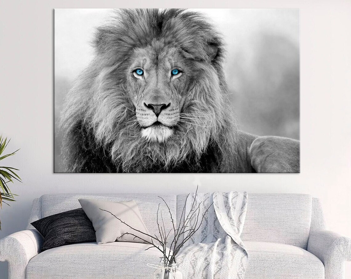 Majestic Lion Blue Eyes Black White Wildlife Portrait Safari King Jungle Art Poster