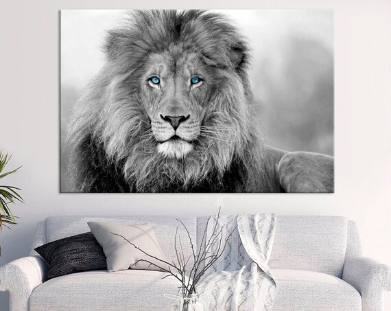 Majestic Lion Blue Eyes Black White Wildlife Portrait Safari King Jungle Art Poster