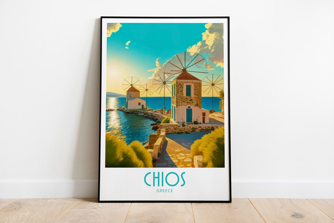 Chios Island Greece Seaside Windmills Sunset Vintage Travel Poster