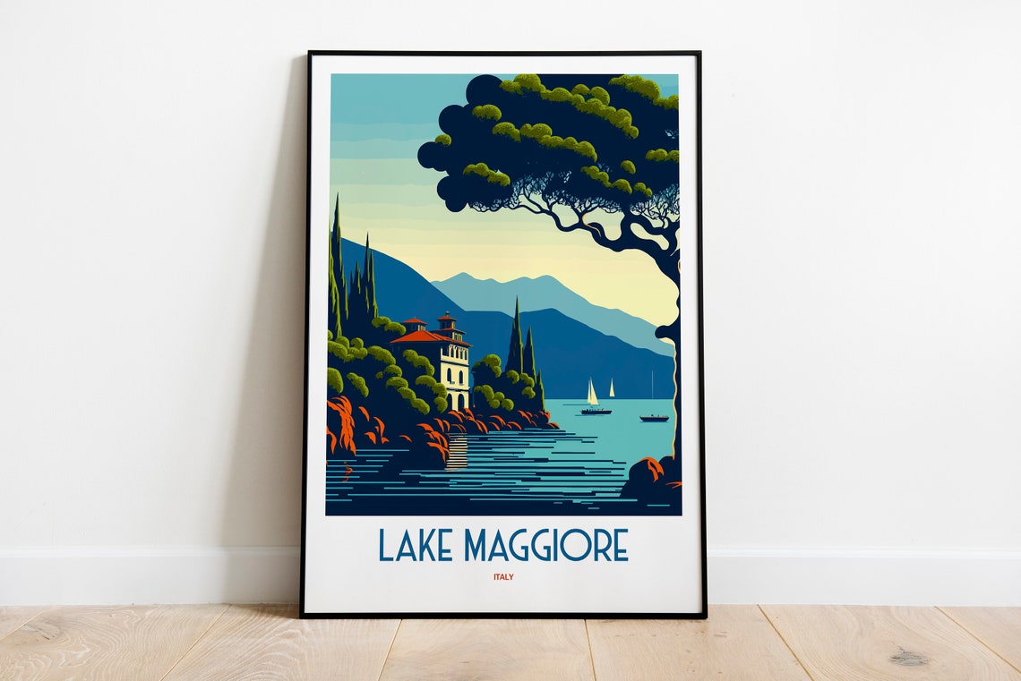 Lake Maggiore Italy Lakeside Villa Cypress Vintage Travel Poster