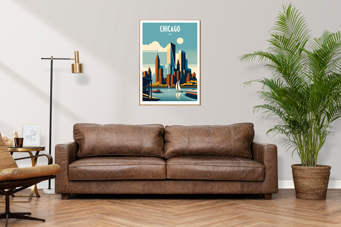 Chicago USA Lakefront Skyline Sailboats Vintage City Travel Poster - Image 2