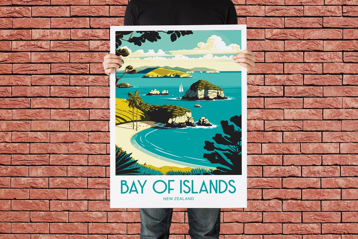 Bay Of Islands New Zealand Travel Poster Beach and Sailboats - Image 3
