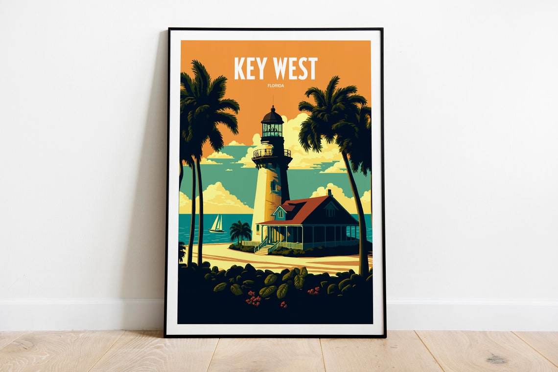 Key West Florida Lighthouse Travel Poster Tropical Sunset Beach Art