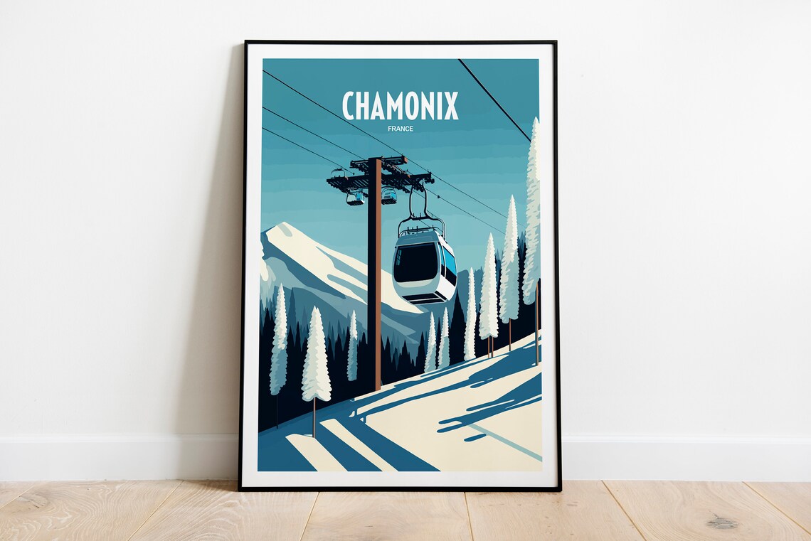 Chamonix France Cable Car Gondola Snowy Slopes Travel Poster