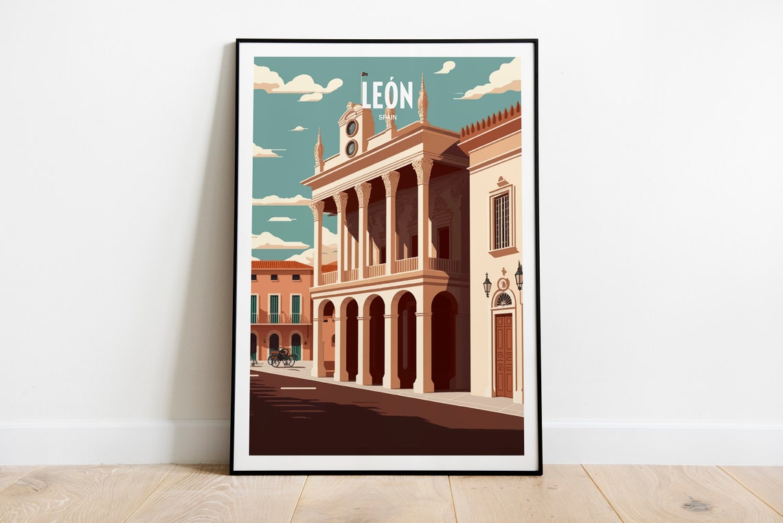 Leon Spain Neoclassical Colonnade Plaza Vintage Travel Poster