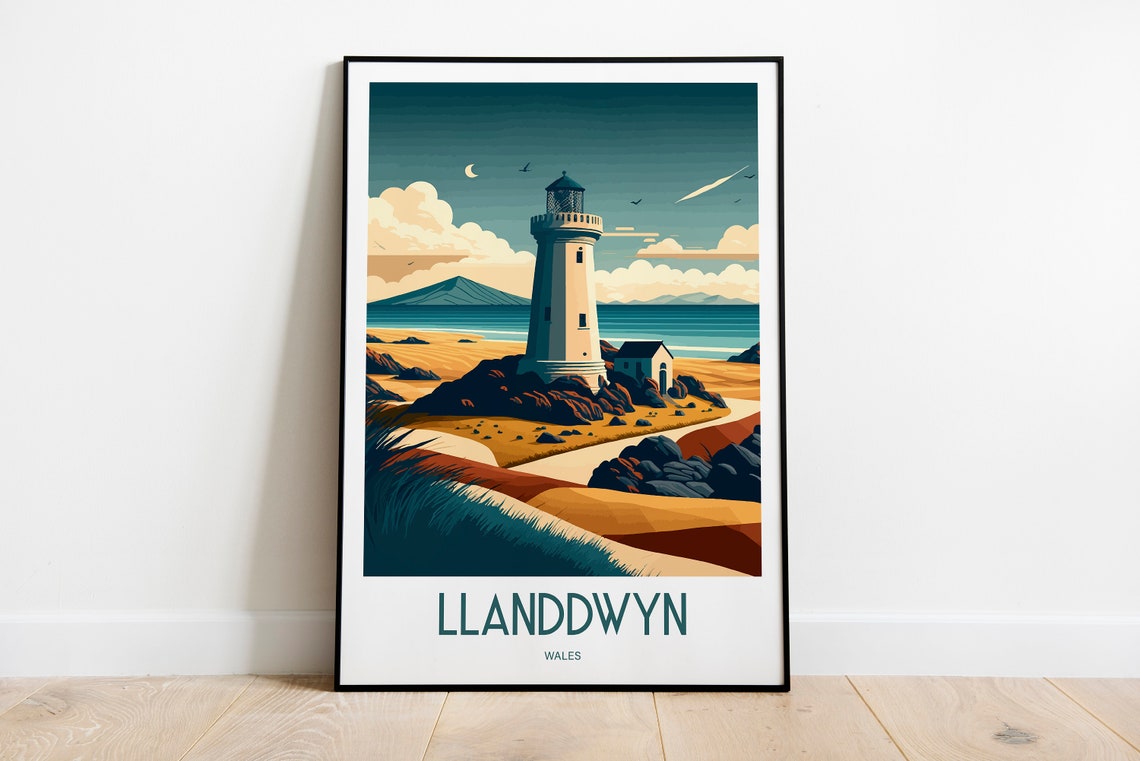 Llanddwyn Wales Island Lighthouse Rocky Coast Vintage Travel Poster