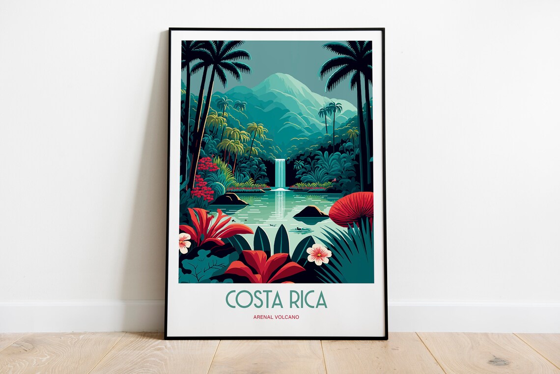 Costa Rica Waterfall and Arenal Volcano Travel Poster