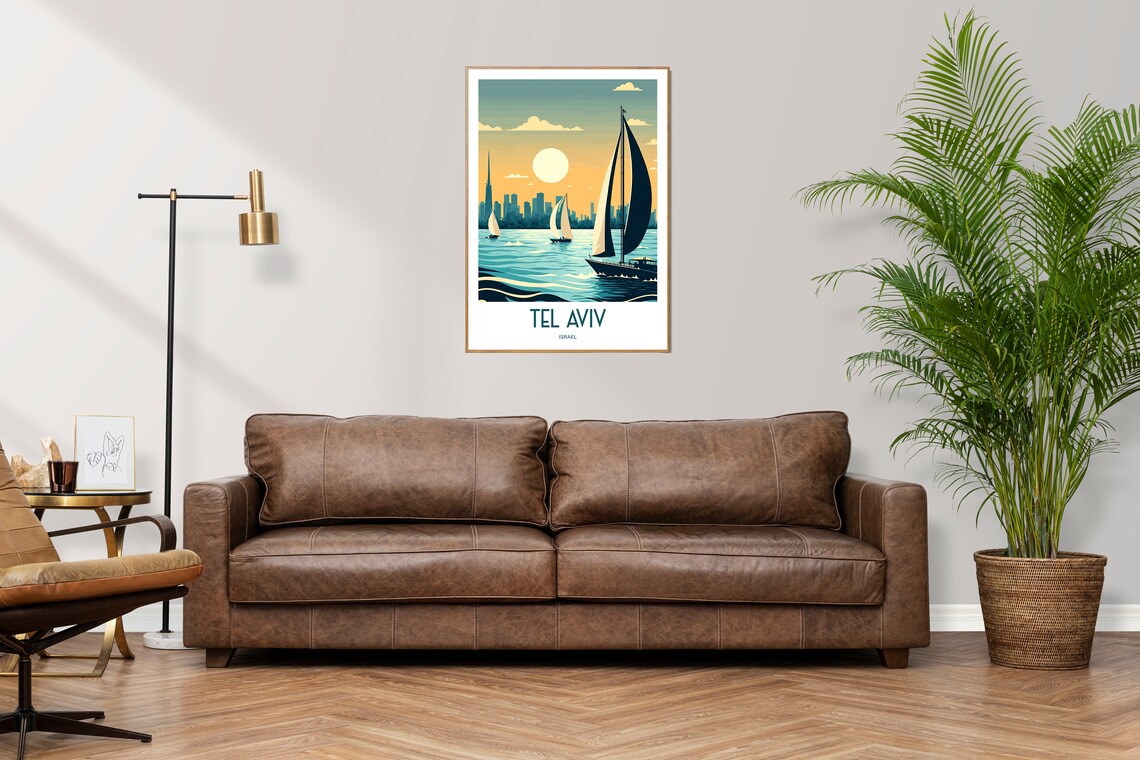 Tel Aviv Israel Sunset Sailboats City Skyline Vintage Travel Poster - Image 3