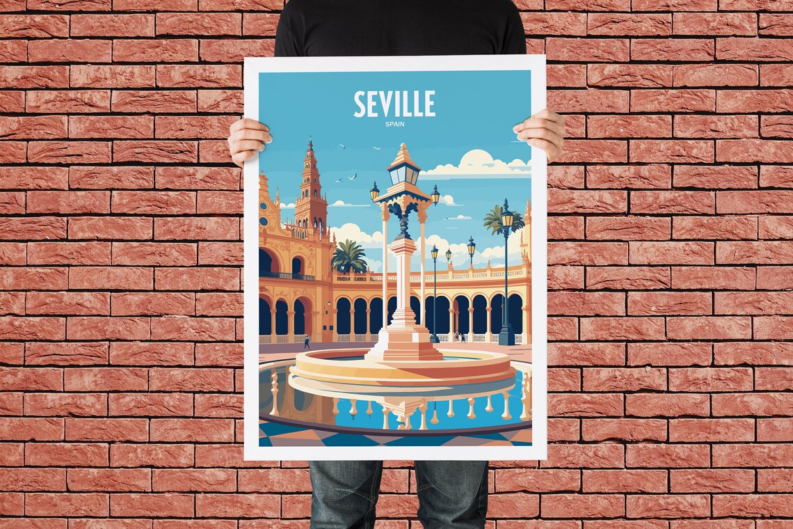 Seville Spain Grand Plaza Fountain Arcade Vintage Travel Poster - Image 4