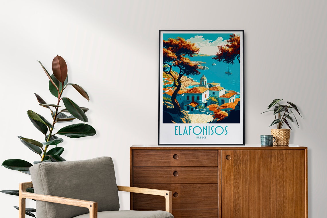 Vintage Elafonisos Greece Travel Poster Overlook Village Coast Art - Image 4
