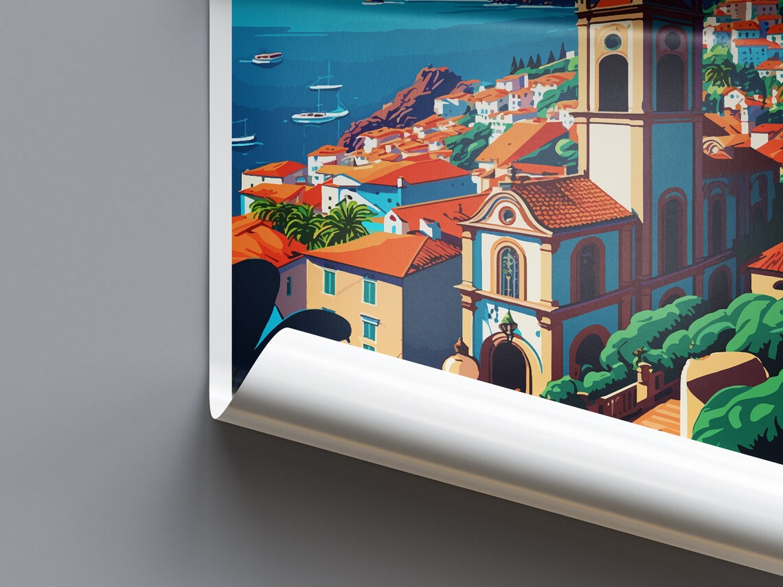 Funchal Madeira Portugal Travel Poster with Coastal Town Boats
