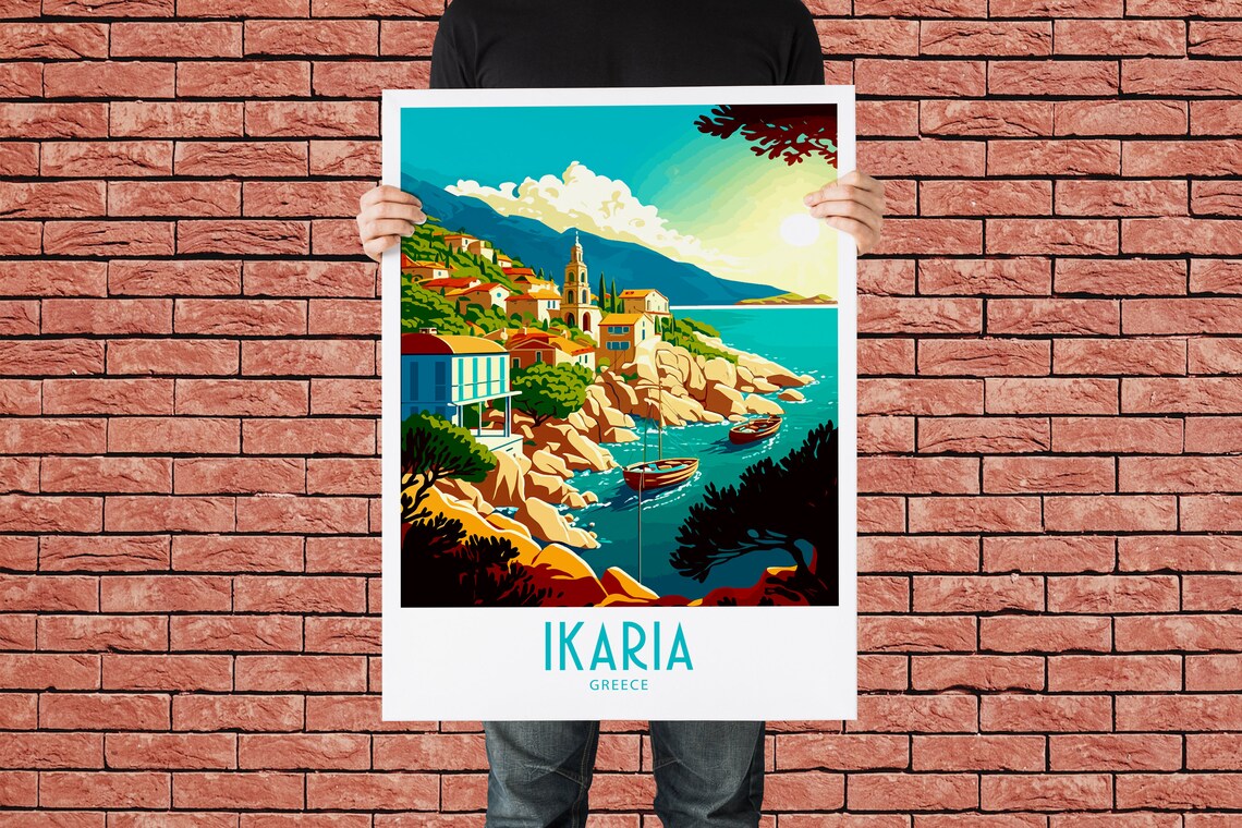 Vintage Ikaria Greece Travel Poster Coastal Village Boats Art - Image 2