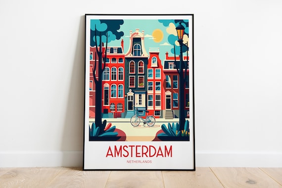 Amsterdam Vintage Canal Houses Bicycle Street Lamp Travel Poster