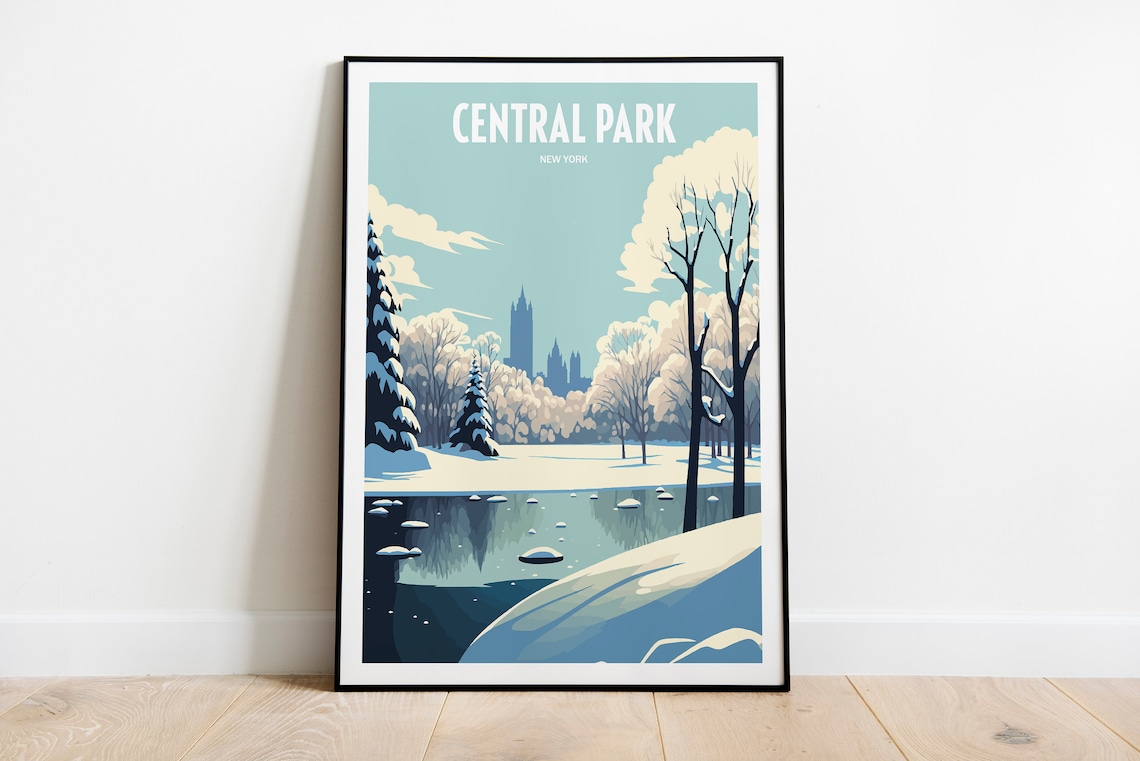 Central Park New York Winter Travel Poster Snowy Pond Vintage Art