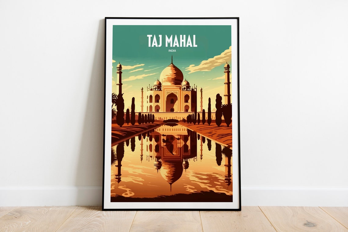 Taj Mahal India Sunset Reflection Golden Retro Travel Poster
